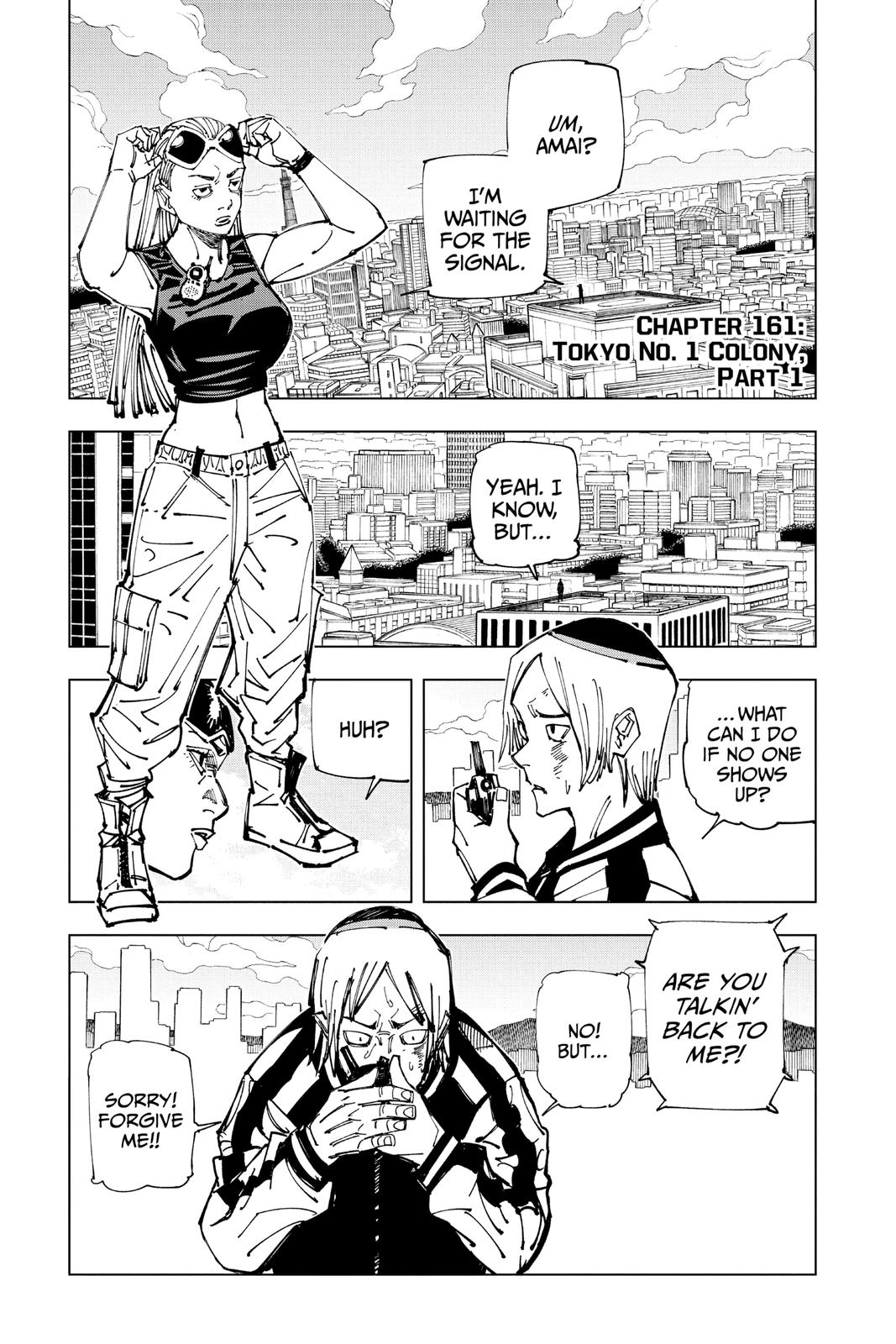 Jujutsu Kaisen Manga Chapter 161 page 1 - Tokyo No. 1 Colony, Part 1 scene