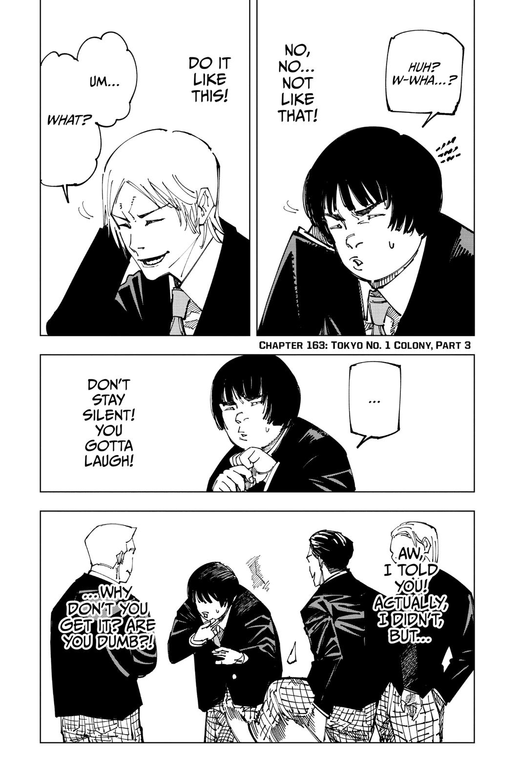 Jujutsu Kaisen Manga Chapter 163 page 1 - Tokyo No. 1 Colony, Part 3 scene