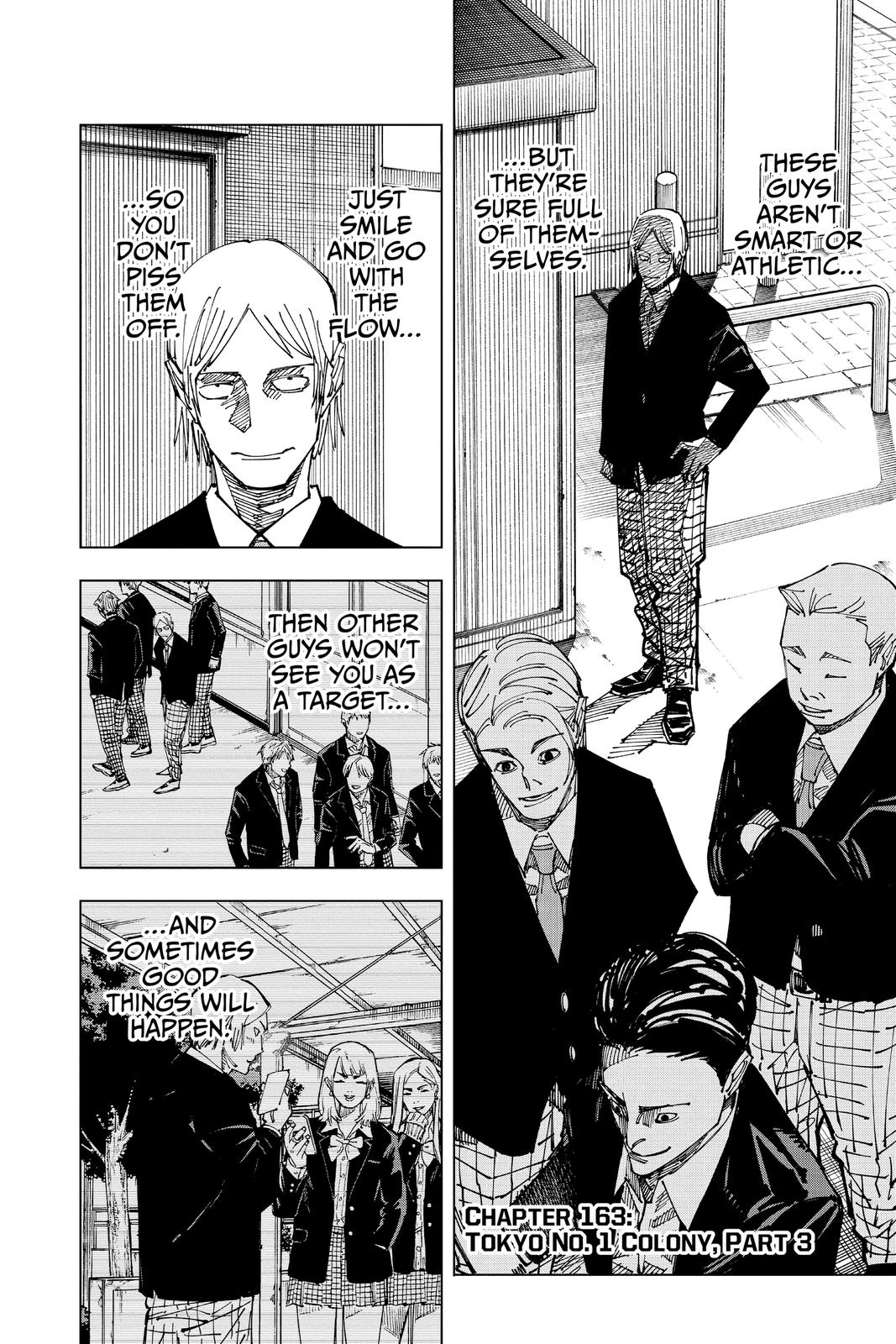 Jujutsu Kaisen Manga Chapter 163 page 2 - Tokyo No. 1 Colony, Part 3 scene