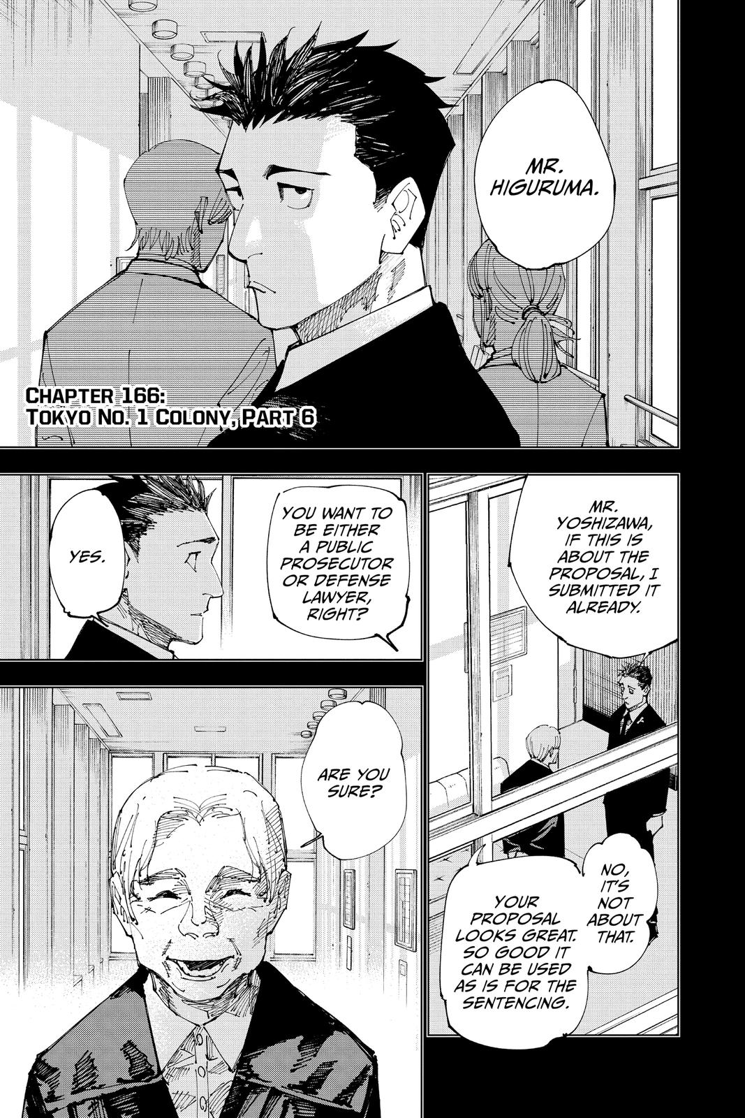 Jujutsu Kaisen Manga Chapter 166 page 1 - Tokyo No. 1 Colony, Part 6 scene