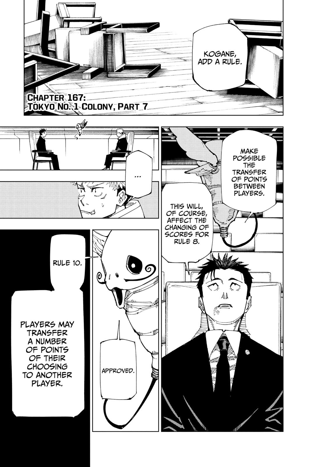Jujutsu Kaisen Manga Chapter 167 page 1 - Tokyo No. 1 Colony, Part 7 scene