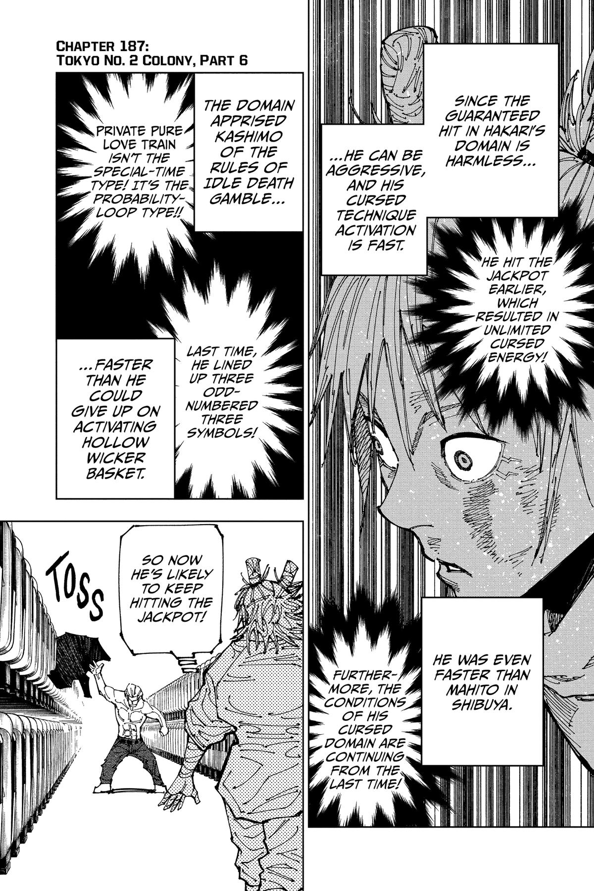 Jujutsu Kaisen Manga Chapter 187 page 1 - Tokyo No. 2 Colony, Part 6 scene
