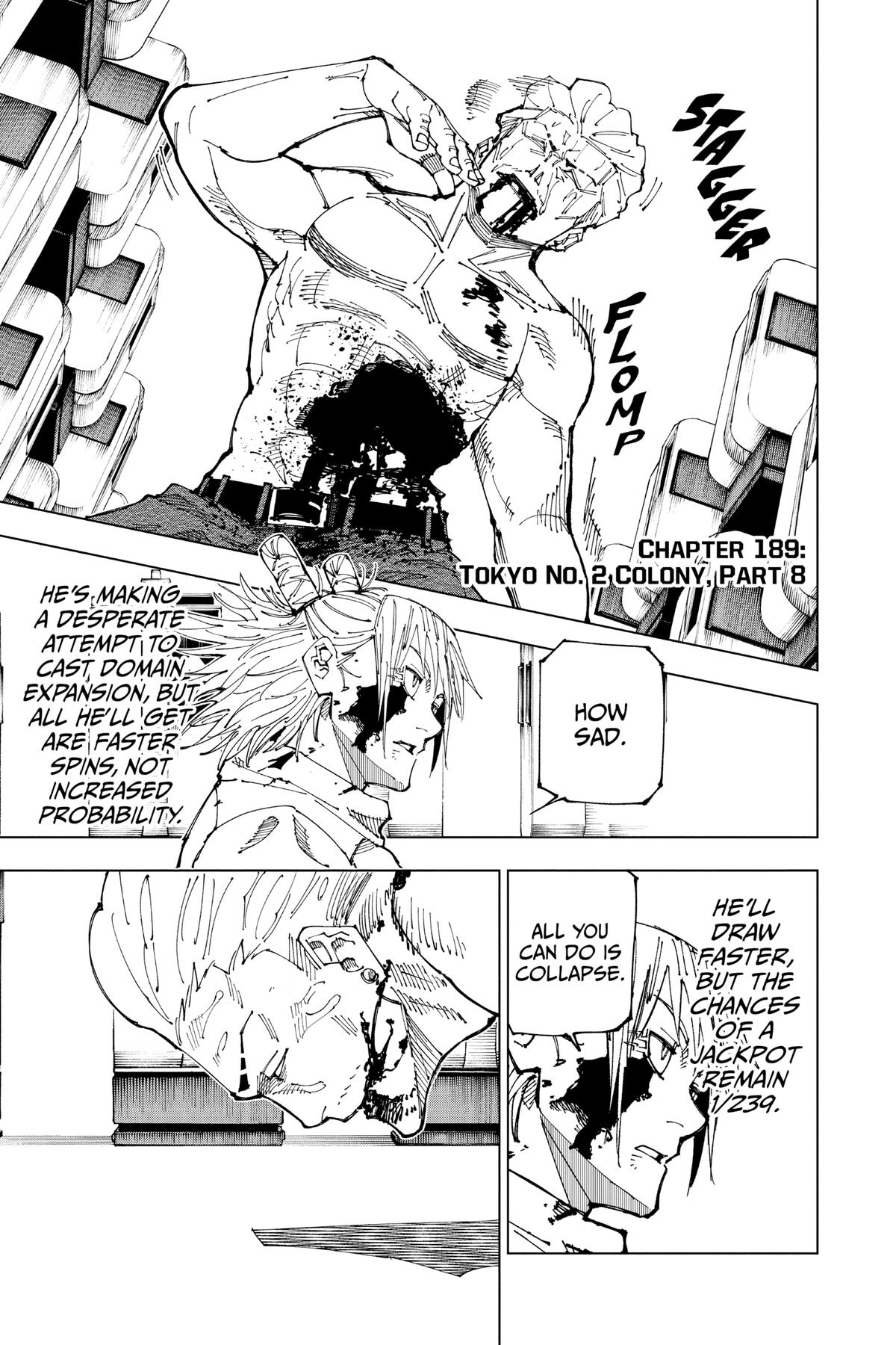Jujutsu Kaisen Manga Chapter 189 page 1 - Tokyo No. 2 Colony, Part 8 scene