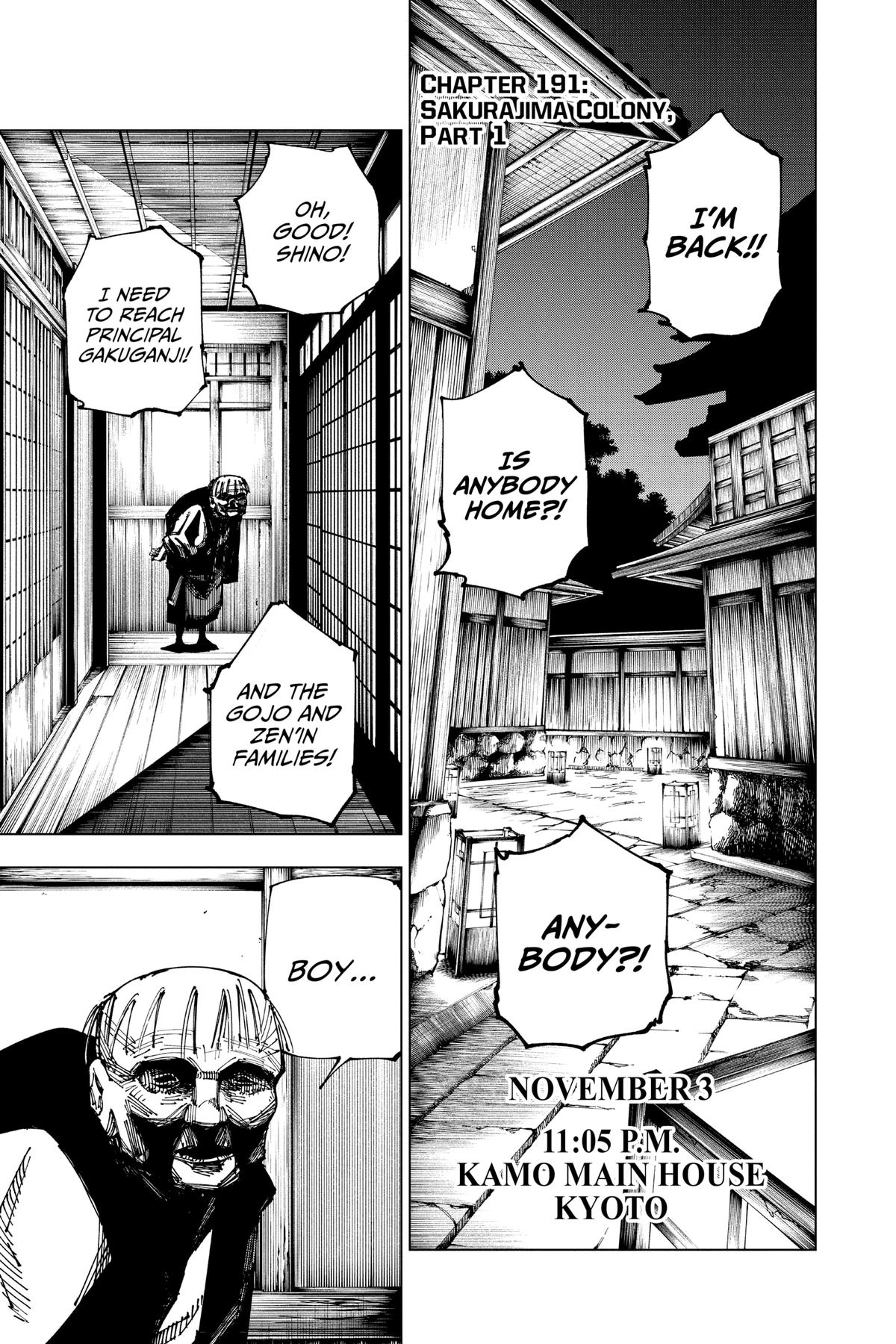 Jujutsu Kaisen Manga Chapter 191 page 7 - Sakurajima Colony, Part 1 scene