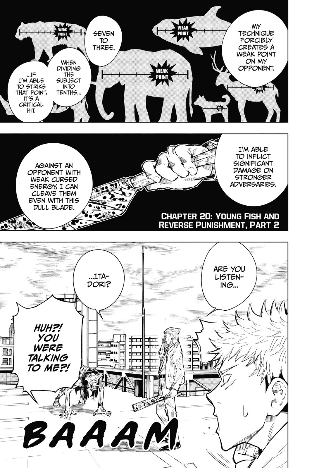 Jujutsu Kaisen Manga Chapter 20 page 1 - Young Fish and Reverse Punishment, Part 2 scene
