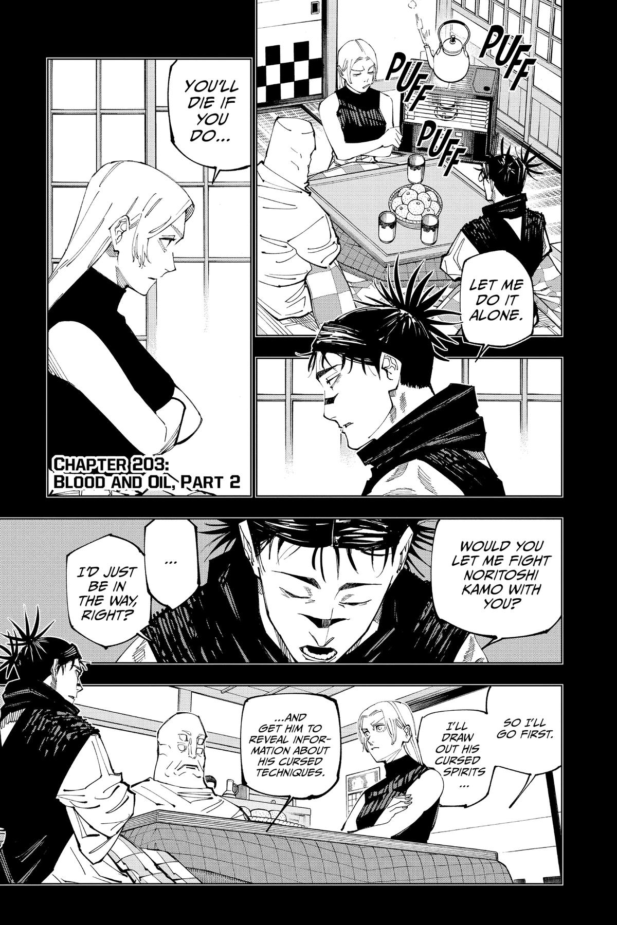 Jujutsu Kaisen Manga Chapter 203 page 1 - Blood and Oil, Part 2 scene