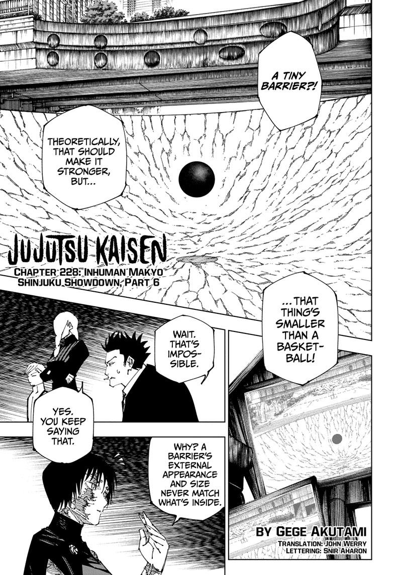 Jujutsu Kaisen Manga Chapter 228 page 1 - Inhuman Makyo Shinjuku Showdown, Part 6 scene