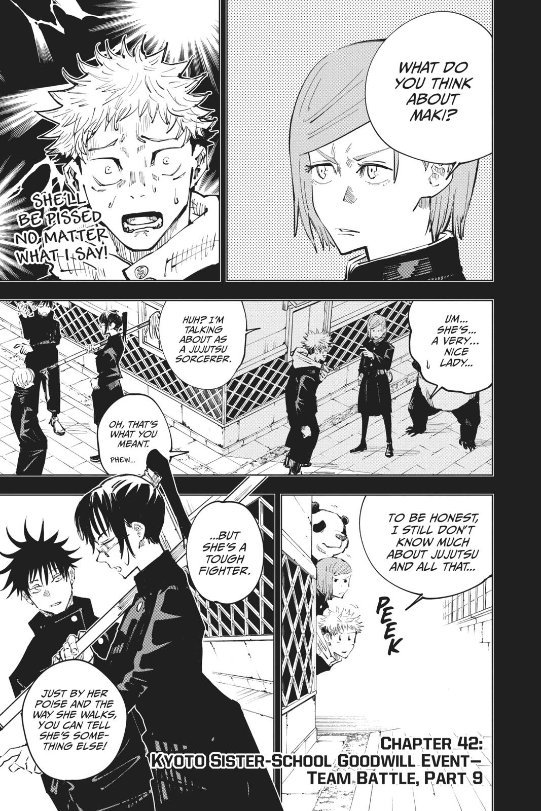 Jujutsu Kaisen Manga Chapter 42 page 1 - Kyoto Sister School Goodwill Event - Team Battle, Part 9 scene