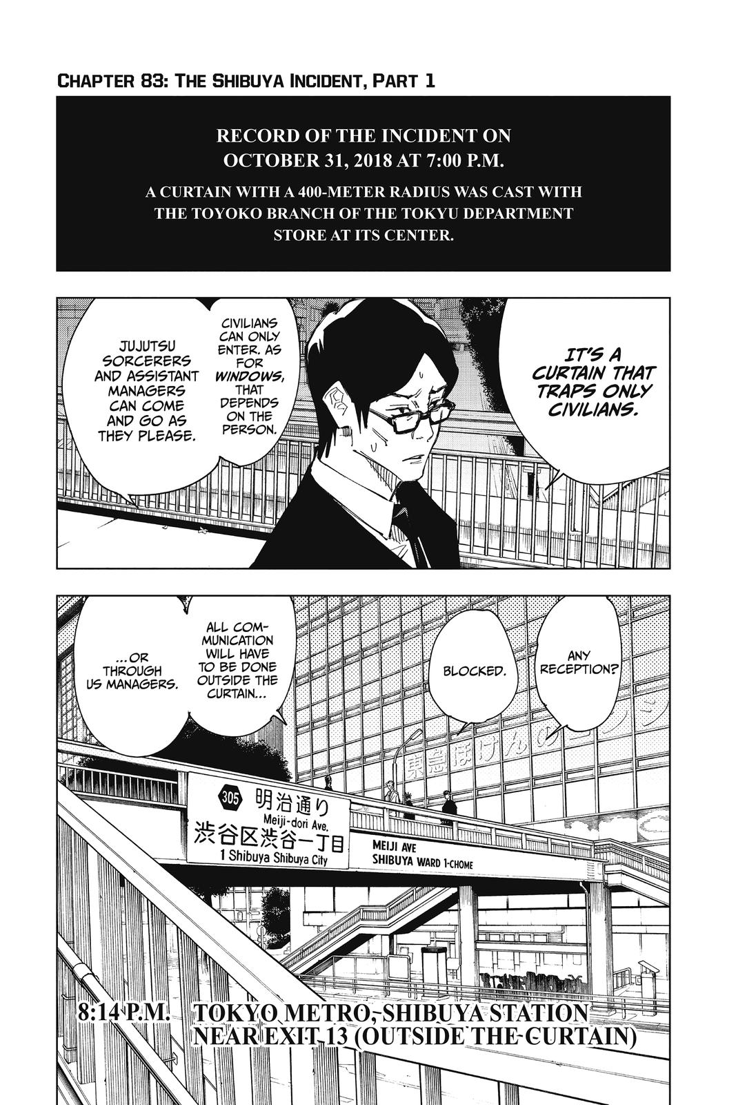 Jujutsu Kaisen Manga Chapter 83 page 1 - The Shibuya Incident, Part 1 scene